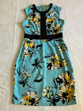 London Times Women’s Sleeveless Turquoise Floral  Sheath Dress - Size 8